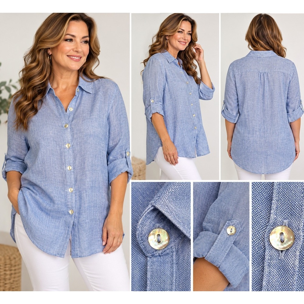 Tahari Womens 2X 100% Linen Tunic Top Roll Tab Sleeve Button Front Blue